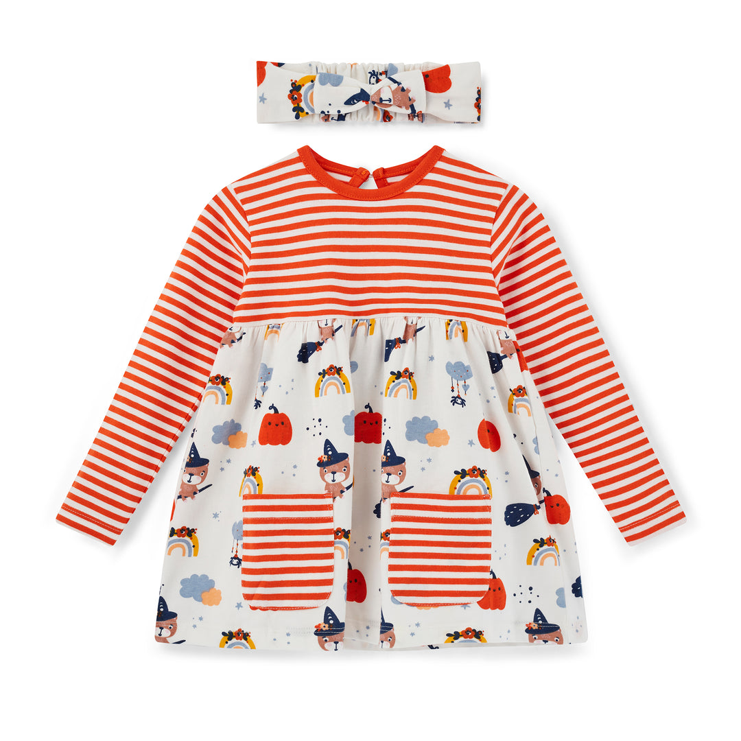 Children's dress with red and white stripes and patterned design, accompanied by a matching headband on a white background.