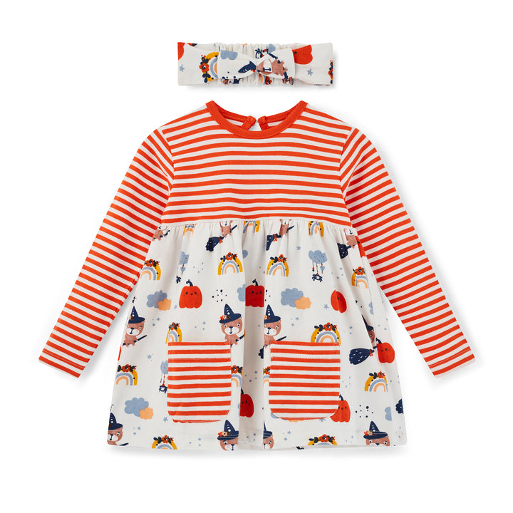 Children's dress with red and white stripes and patterned design, accompanied by a matching headband on a white background.