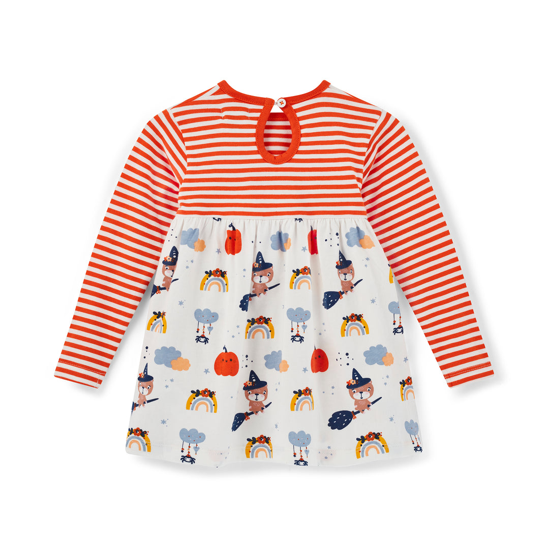 Children's dress with red and white stripes and a patterned bodice on a white background