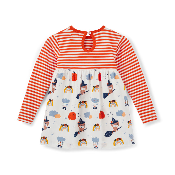 Children's dress with red and white stripes and a patterned bodice on a white background