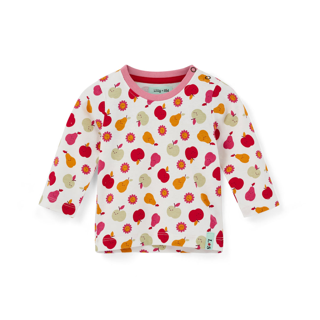 Children's long-sleeve shirt with fruit pattern on a white background