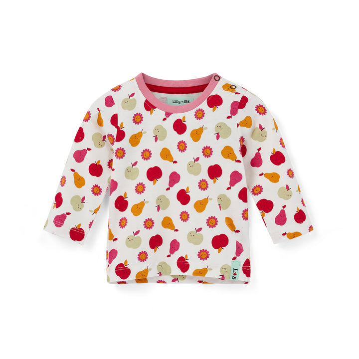 Children's long-sleeve shirt with fruit pattern on a white background