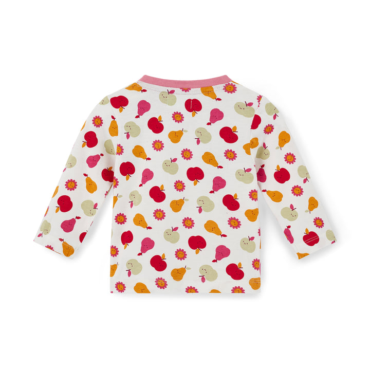 Children's long-sleeve shirt with colorful fruit pattern on a white background