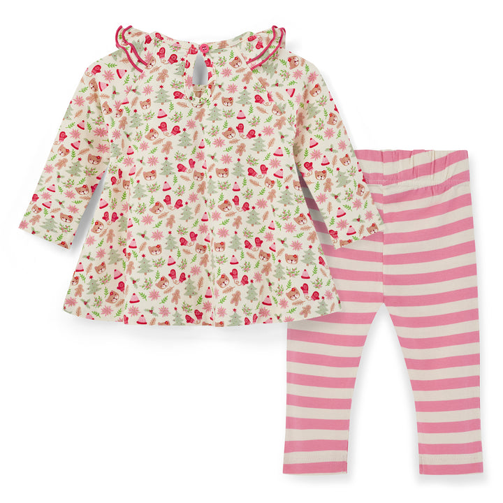 Children's outfit with floral top and pink striped leggings on a white background