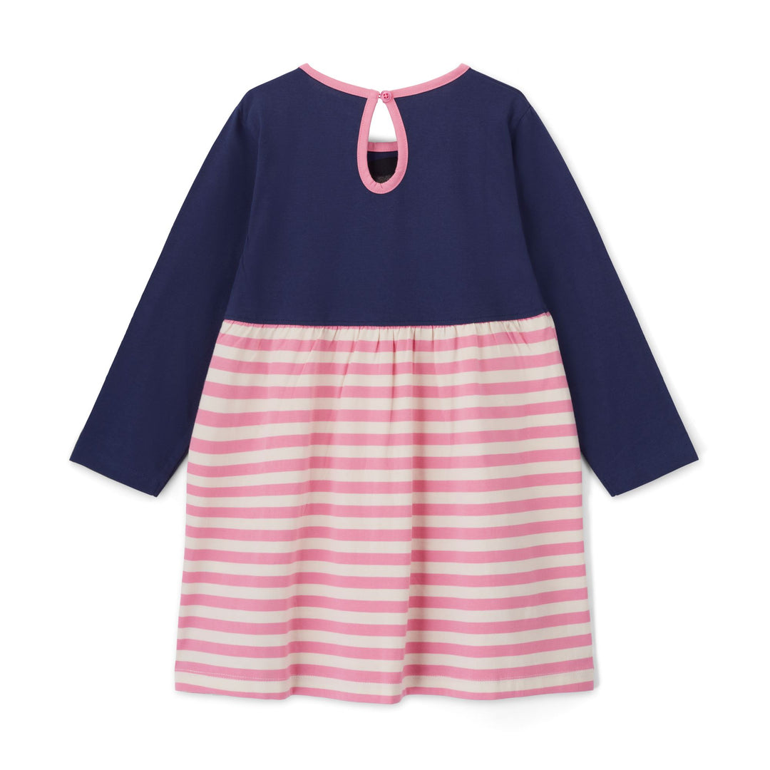 Navy blue and pink striped dress on a white background