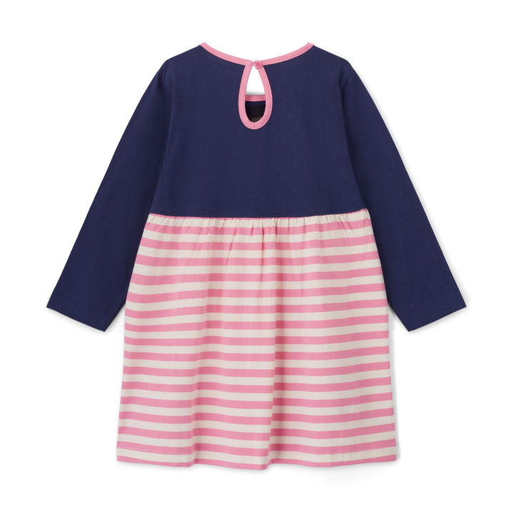 Navy blue and pink striped dress on a white background