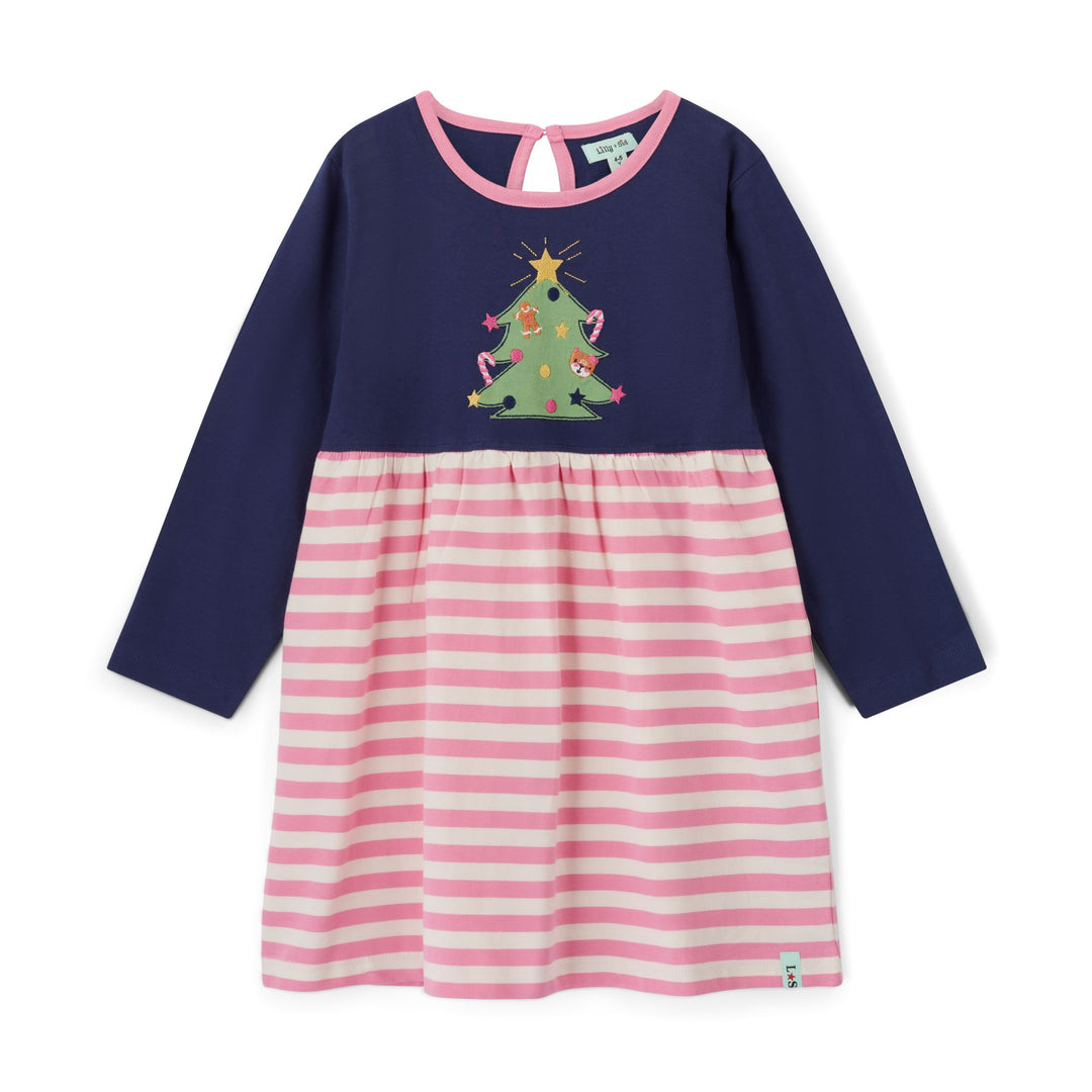 Navy and pink dress with Christmas tree design on a white background