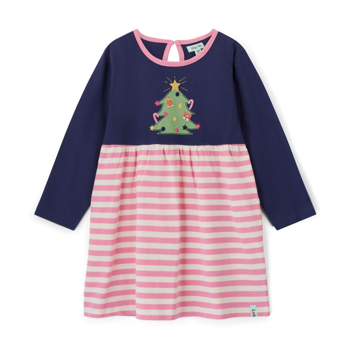 Navy and pink dress with Christmas tree design on a white background