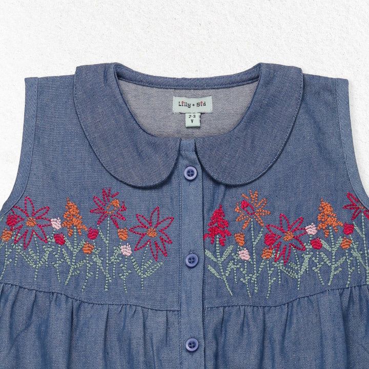 Floral Embroidered Chambray Collar Dress