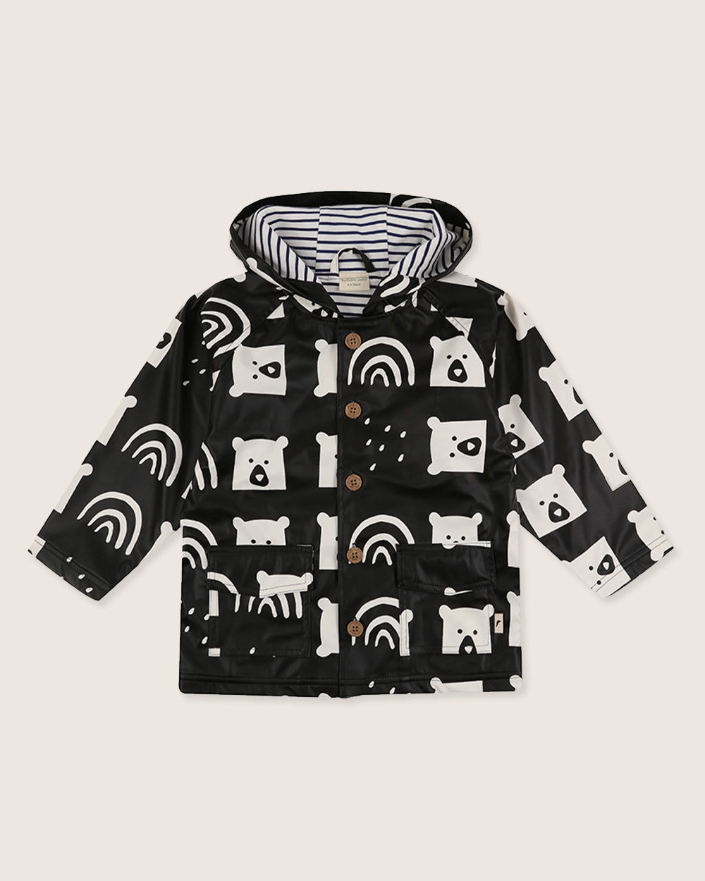 Black Rainbear Print Hooded Raincoat