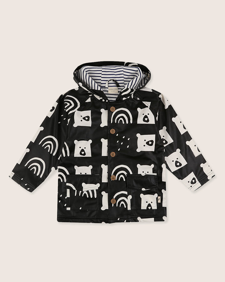 Black Rainbear Print Hooded Raincoat