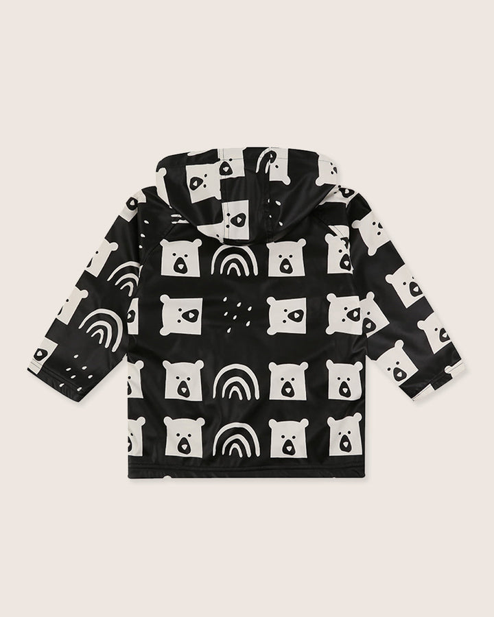 Black Rainbear Print Hooded Raincoat