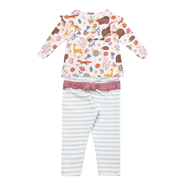 Animals Print Top & Pink Frill Stripe Legging Set