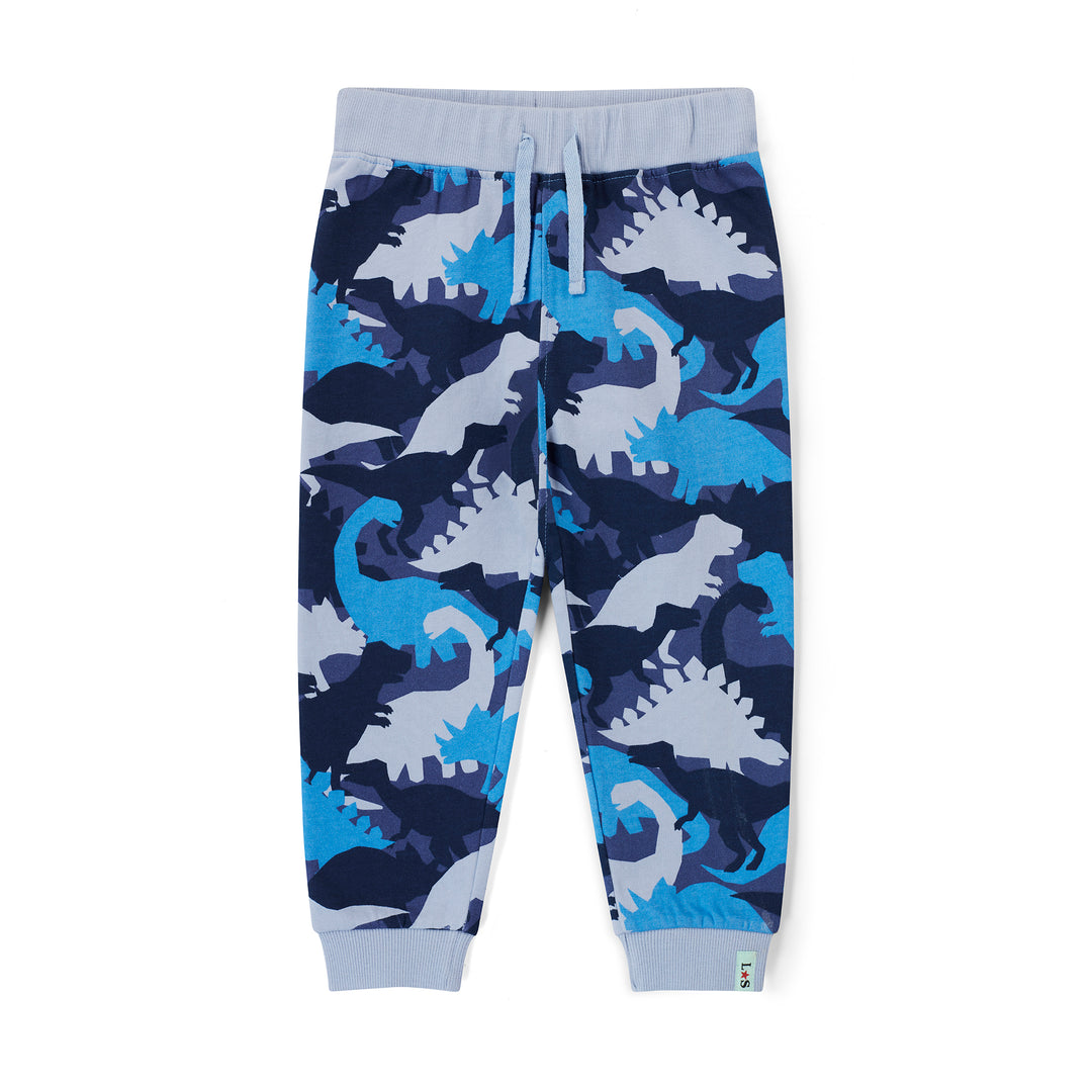 Children's jogger pants with dinosaur camouflage pattern on a white background