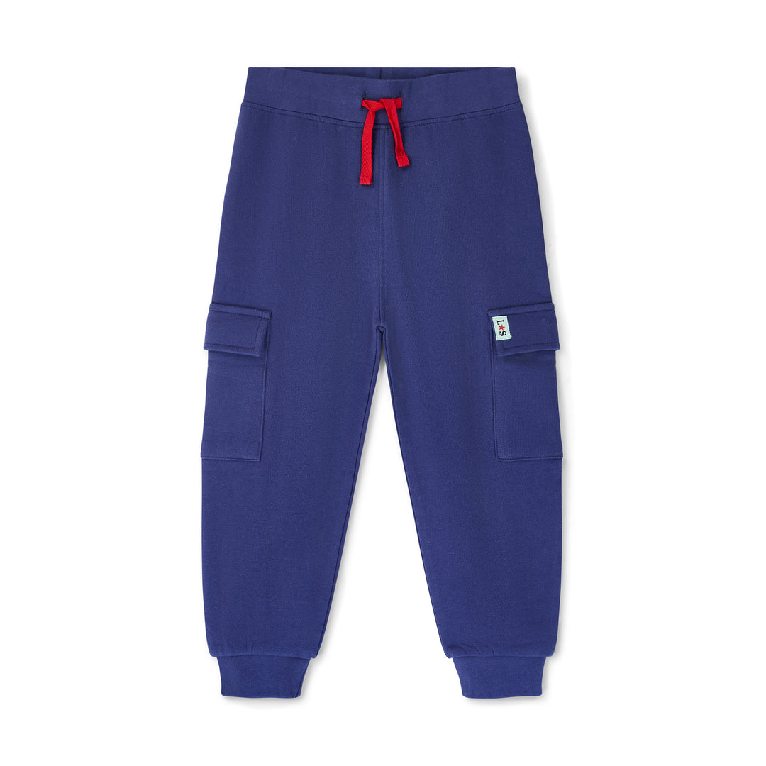 Blue jogger pants with red drawstring on a white background