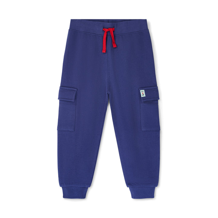 Blue jogger pants with red drawstring on a white background