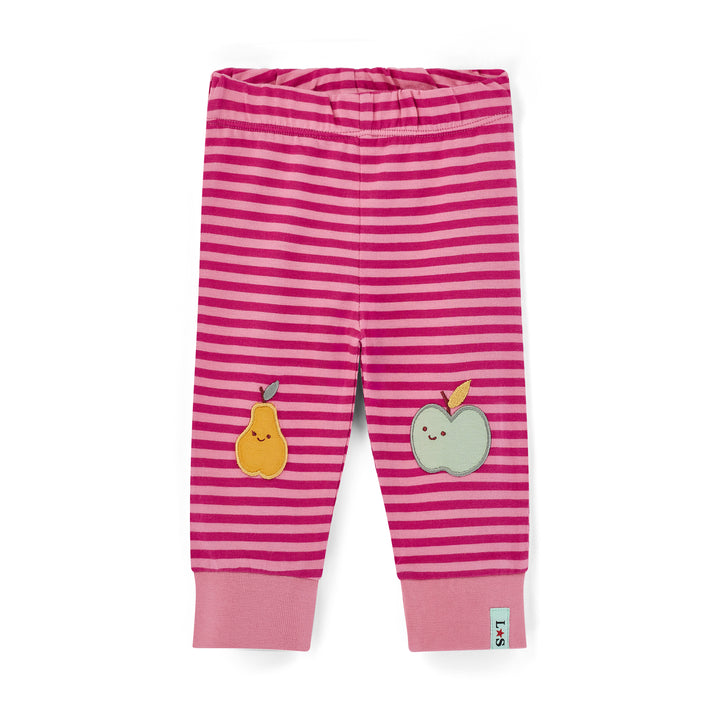 Pink striped baby leggings with pear and apple appliquÃ©s on a white background