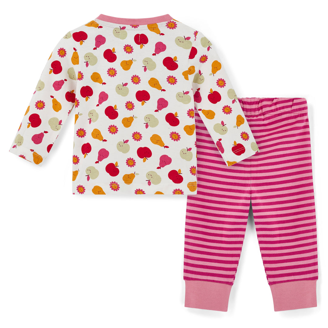 Children's pajama set with fruit pattern top and pink striped pants on a white background