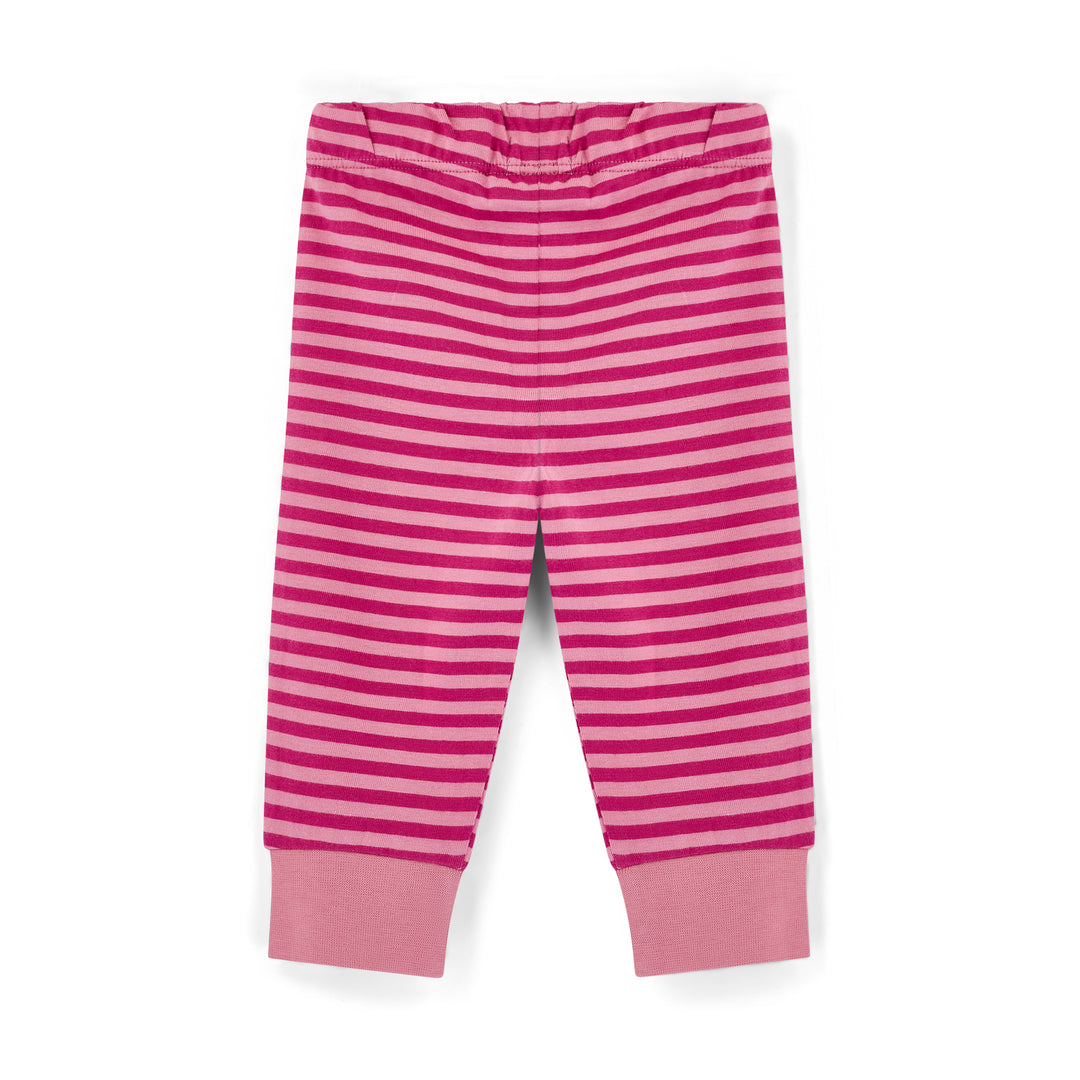 Pink and purple striped baby leggings on a white background