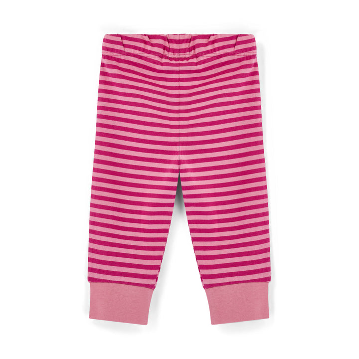 Pink and purple striped baby leggings on a white background