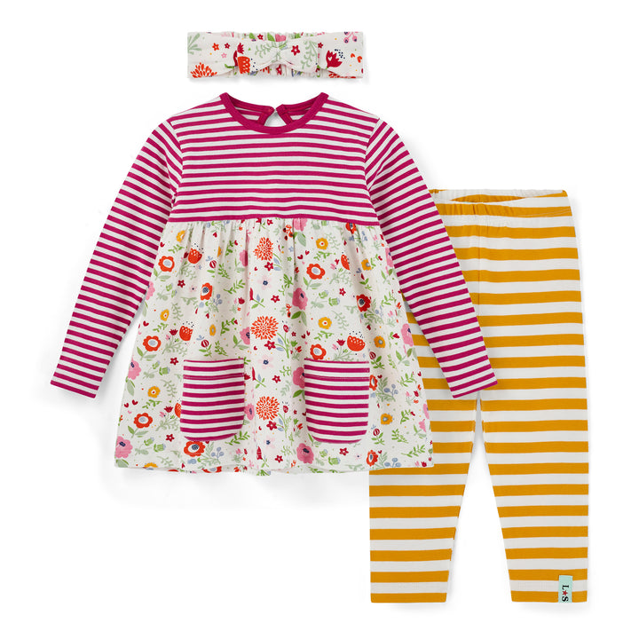 Children's outfit set with striped dress, leggings, and headband on a white background