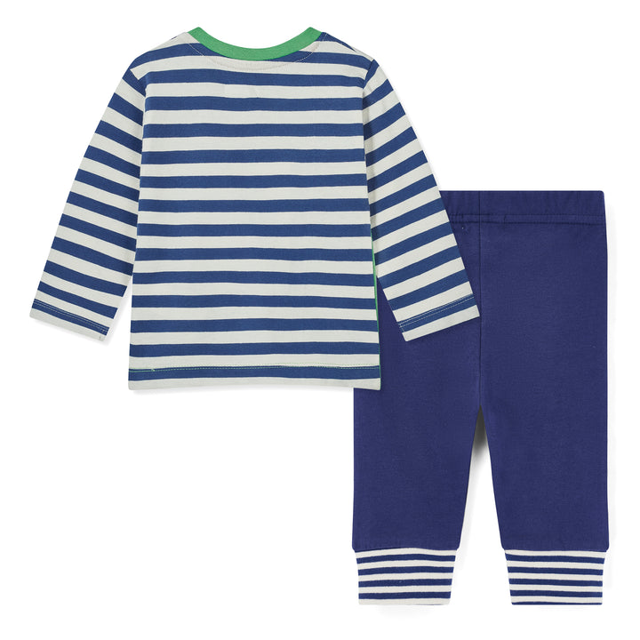 Children's blue and white striped shirt with matching pants on a white background