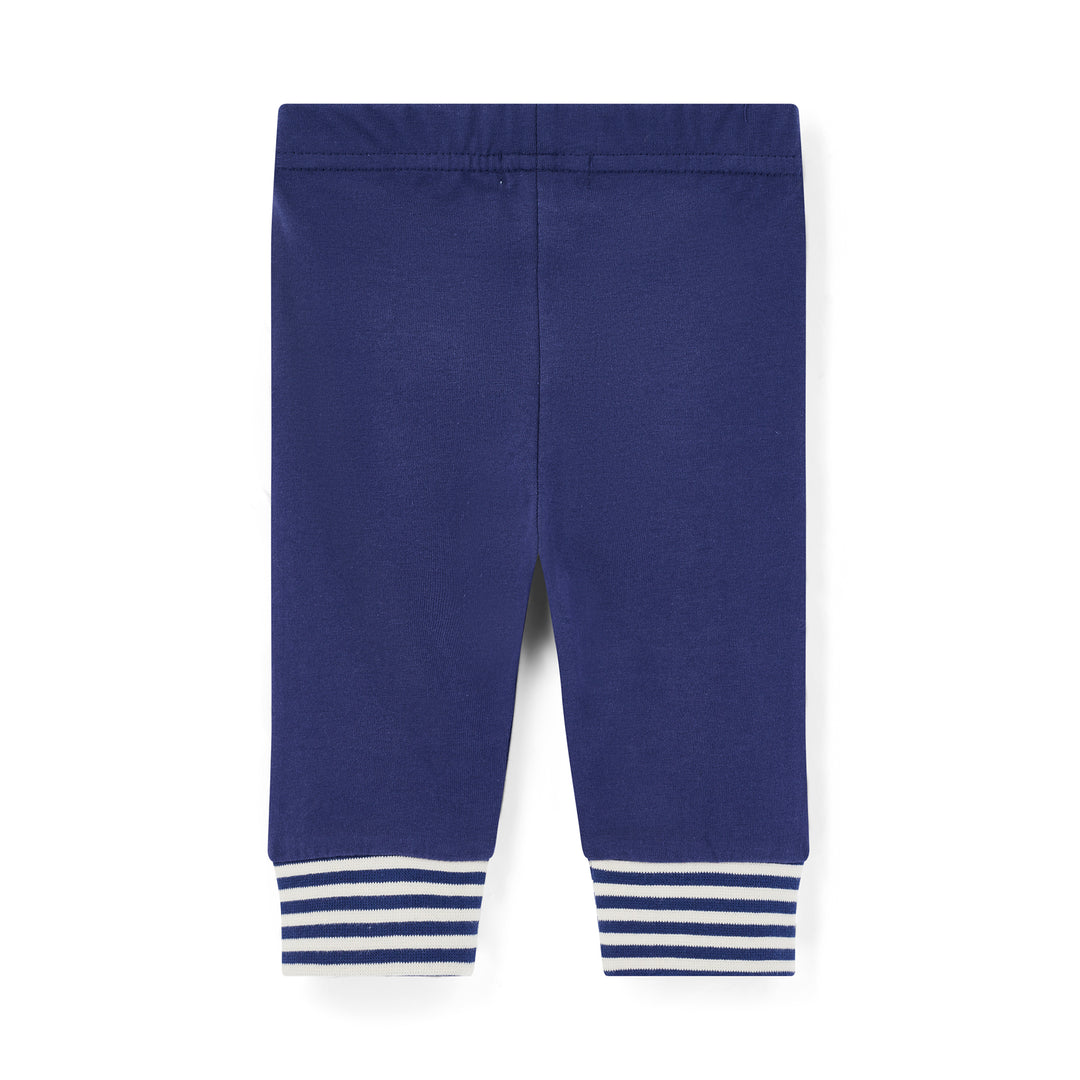 Navy blue baby leggings with white stripes on a white background