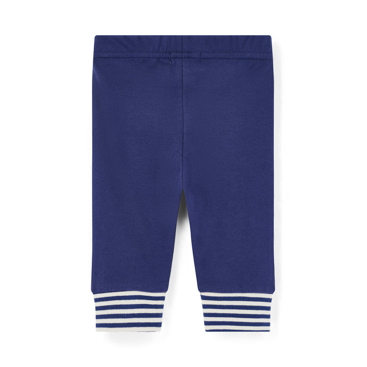 Navy blue baby leggings with white stripes on a white background