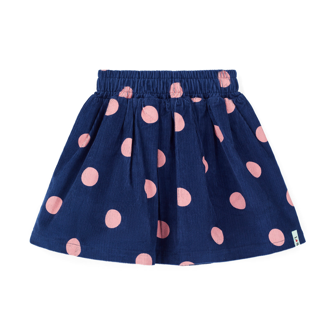 Navy blue skirt with pink polka dots on a white background