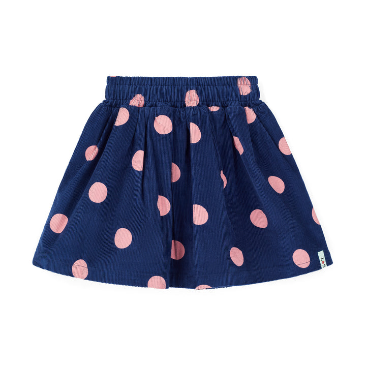 Navy blue skirt with pink polka dots on a white background