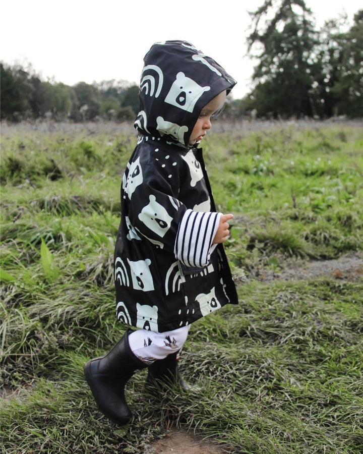 Black Rainbear Print Hooded Raincoat