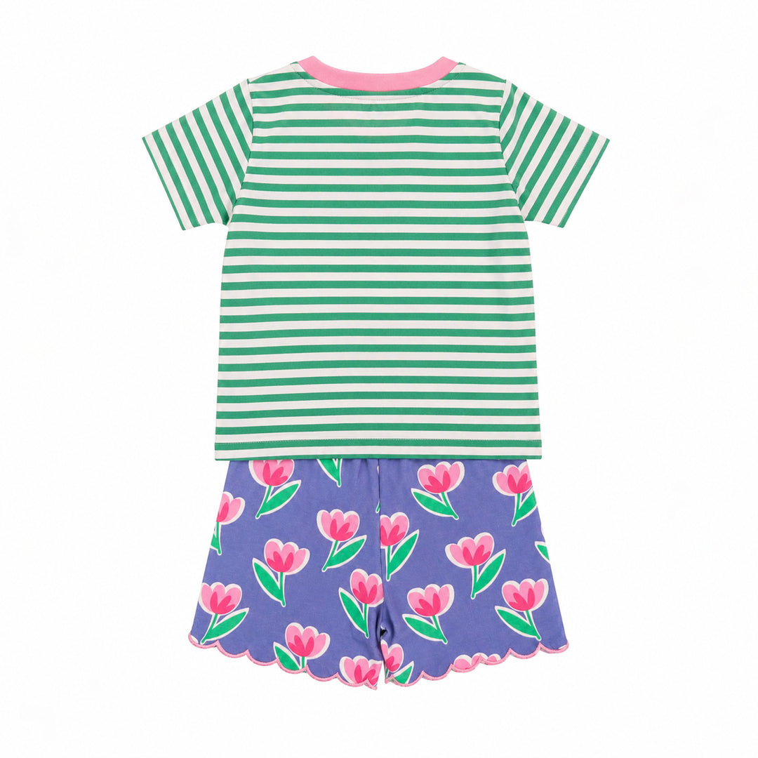 Multicoloured Tulip And Stripe Print Top And Short Set