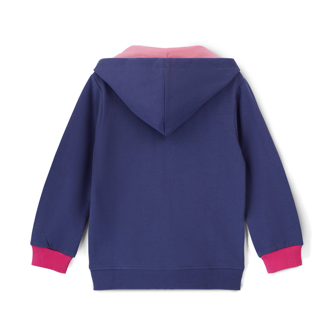 Blue hoodie with pink accents on a white background
