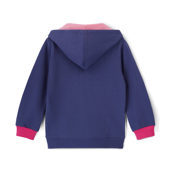 Blue hoodie with pink accents on a white background