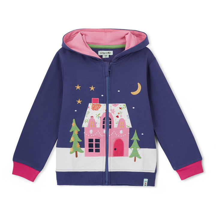 Children's hoodie with house and tree design on a white background