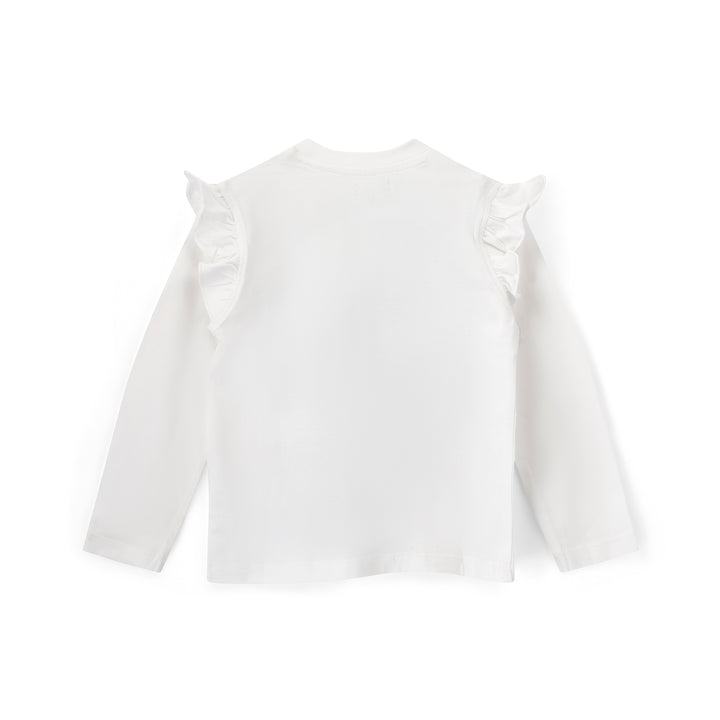 White long-sleeve top with ruffled shoulders on a white background