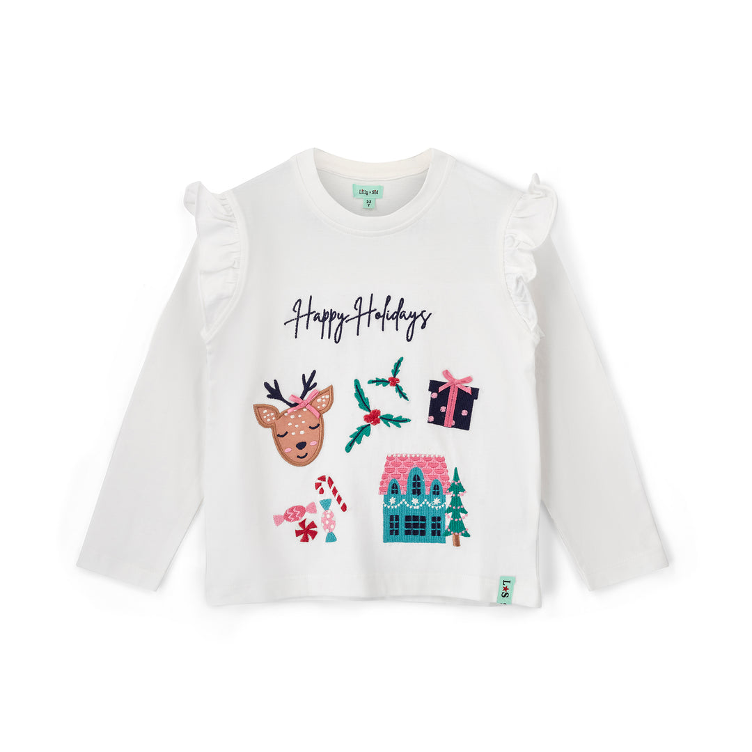 White long-sleeve shirt with Christmas-themed graphics and 'Happy Holidays' text on a white background
