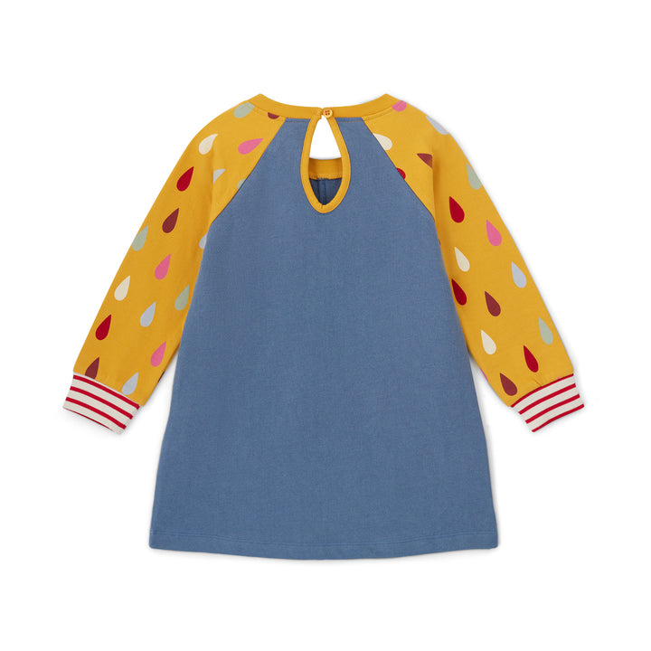 Children's dress with yellow sleeves featuring colorful teardrop patterns on a white background