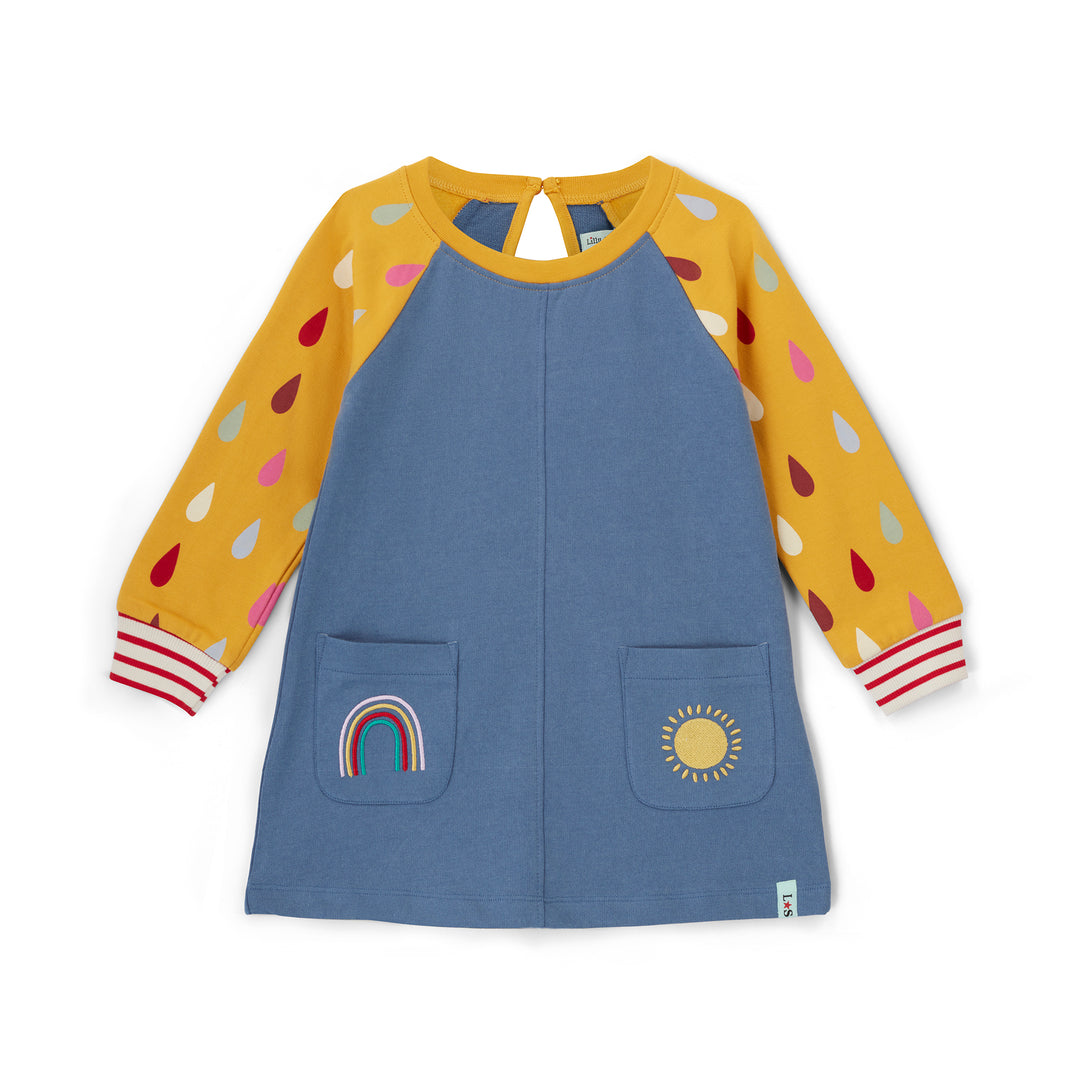Children's dress with yellow sleeves featuring raindrop patterns and blue body with pocket designs on a white background