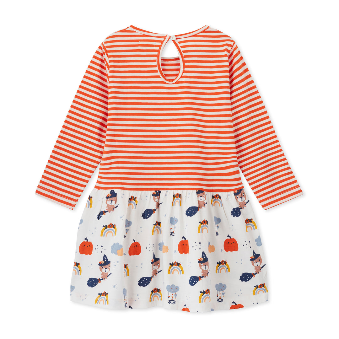 Children's dress with orange and white striped top and colorful patterned skirt on a white background