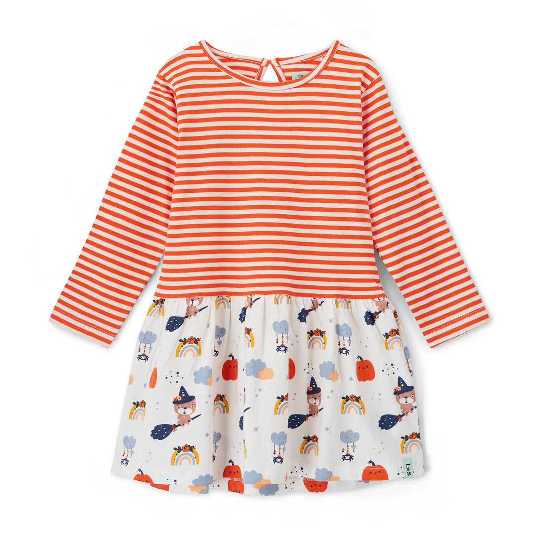 Children's dress with orange and white stripes and a colorful patterned skirt on a white background