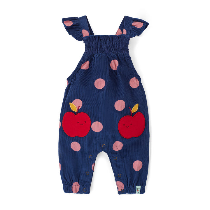 Navy blue baby romper with red apple and pink polka dot pattern on a white background