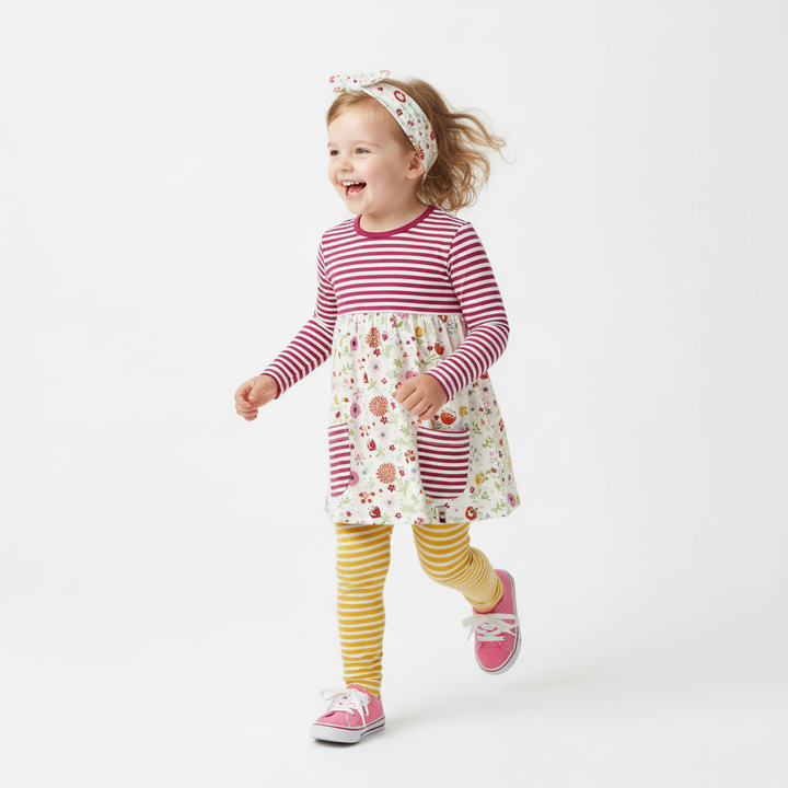 Child wearing a red and white striped dress with floral pattern, yellow leggings, and pink shoes on a white background