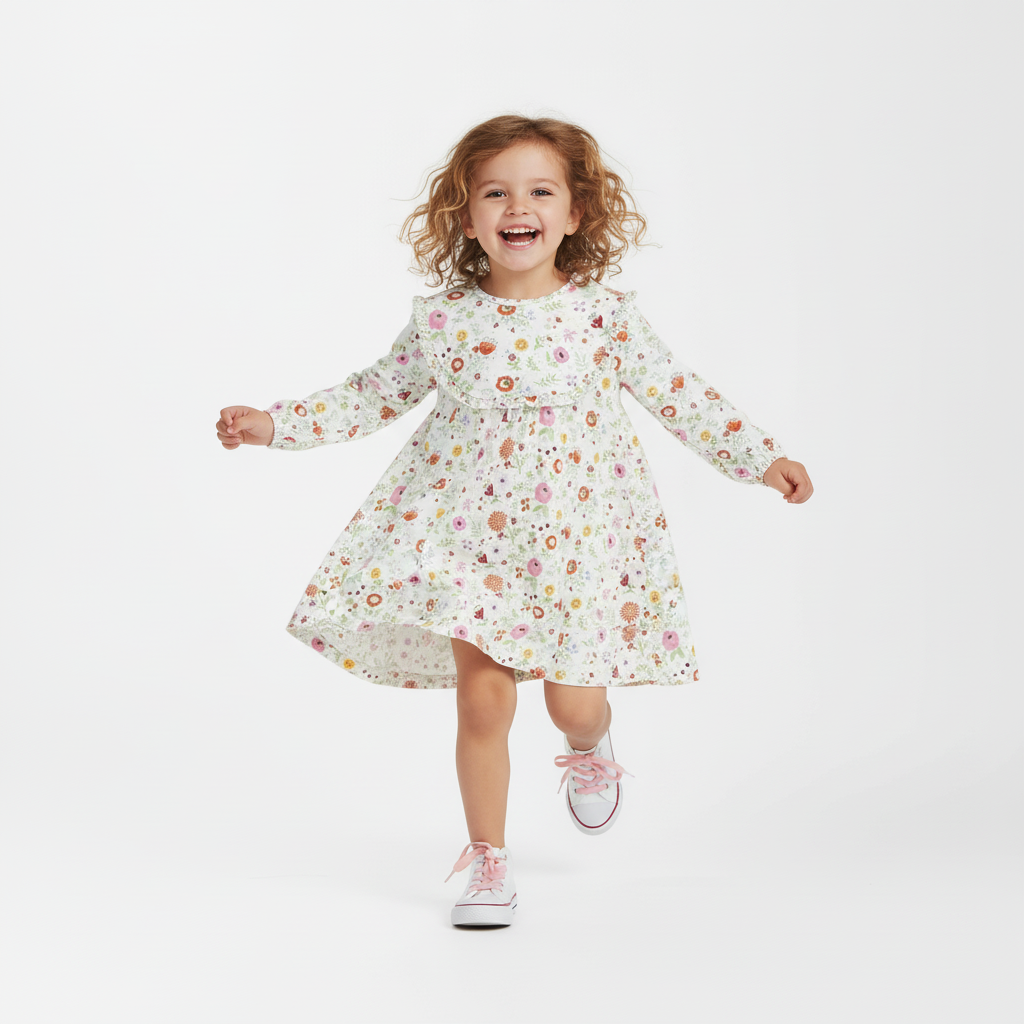 Child wearing a floral dress on a white background