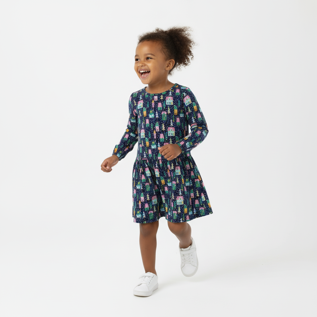 Child wearing a patterned dress on a white background