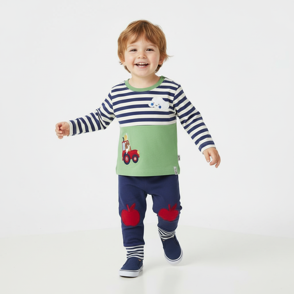 Child wearing a striped shirt with a green patch and red apple design on a white background