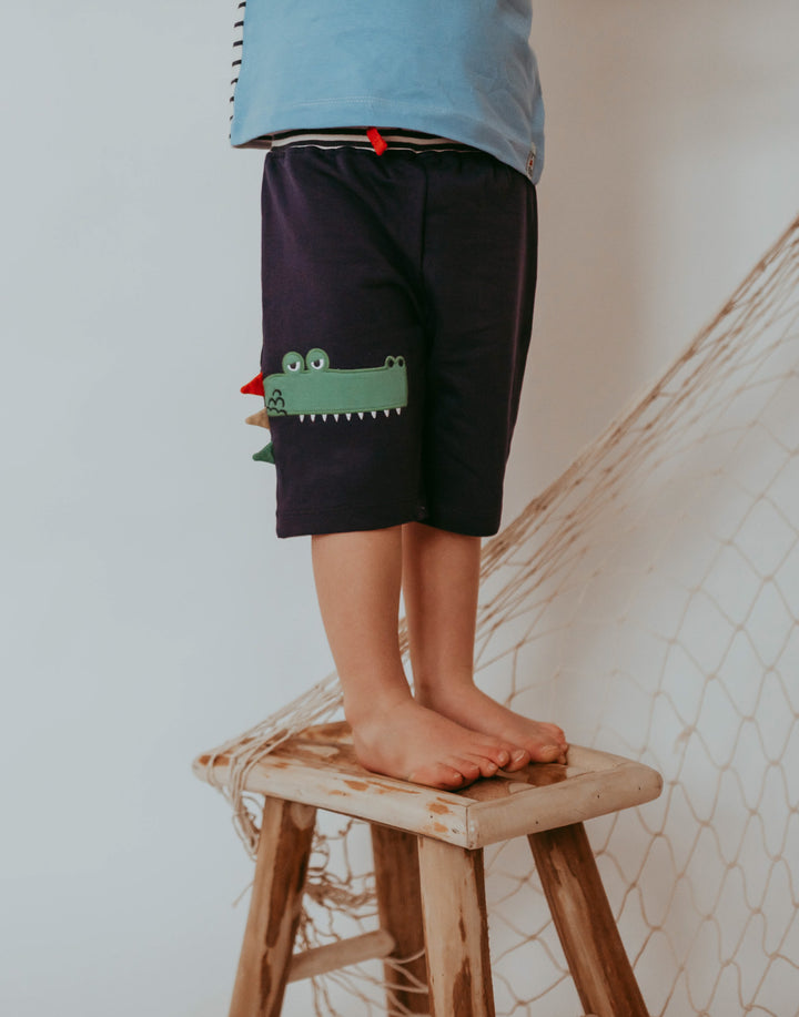 organic cotton crocodile applique with stripe waistband shorts - image 4