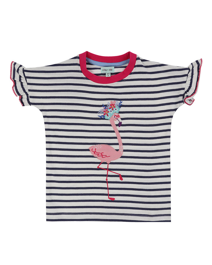 organic cotton Flamingo applique and stripe drill short sleeve top - image 1