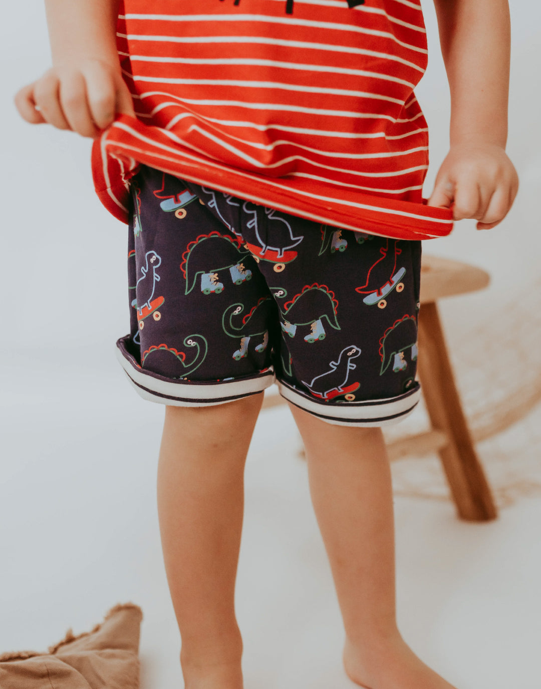 organic cotton dinosaur print and stripe reversible shorts - image 4