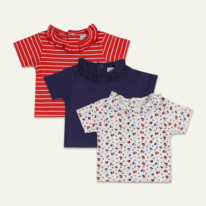 organic cotton 3 pack floral print, red stripe and plain top - image 1 
